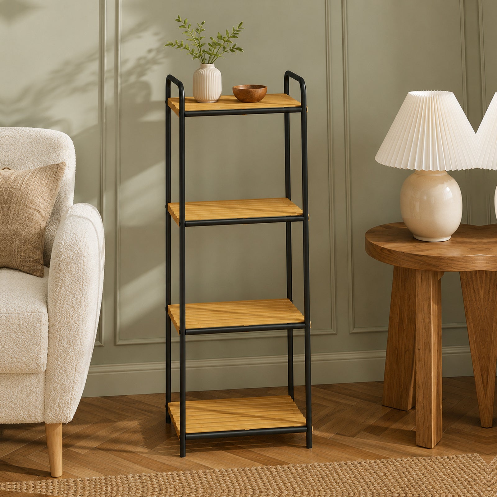 Bathroom Shelf – 4-Tier Bamboo, Slatted, Freestanding, 41.5×21.5×106cm, Natural & Black