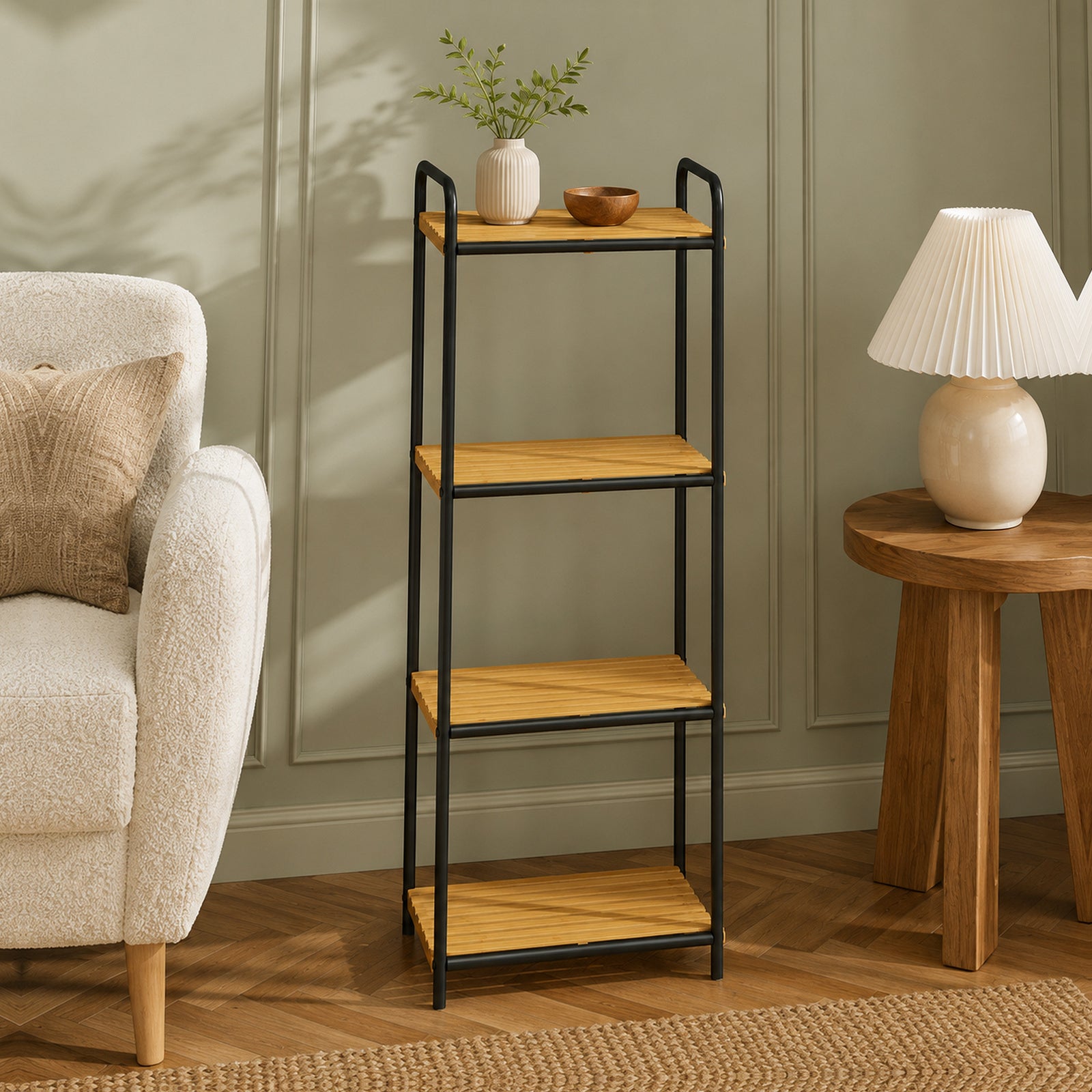 Bathroom Shelf – 4-Tier Bamboo, Slatted, Freestanding, 41.5×21.5×106cm, Natural & Black
