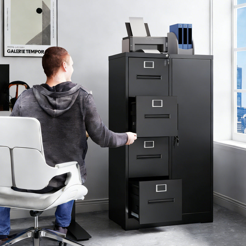 4-Drawer Vertical File Cabinet with Lock, Steel – Black — room view angled