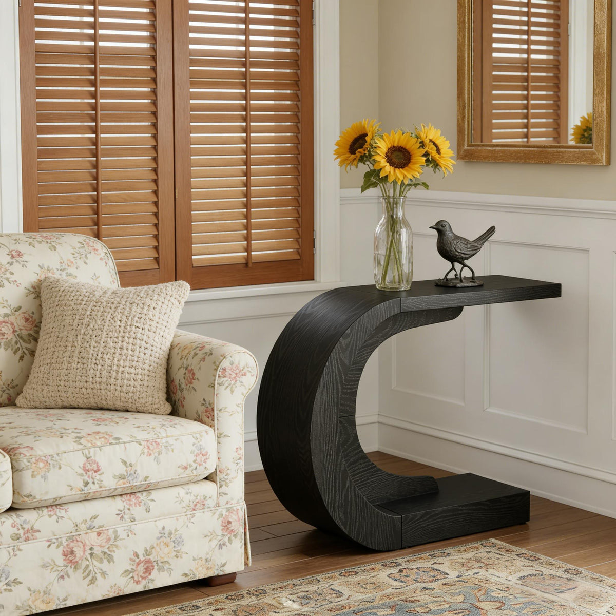 C-Shaped Console Accent Table, Hallway – Black — room view angled
