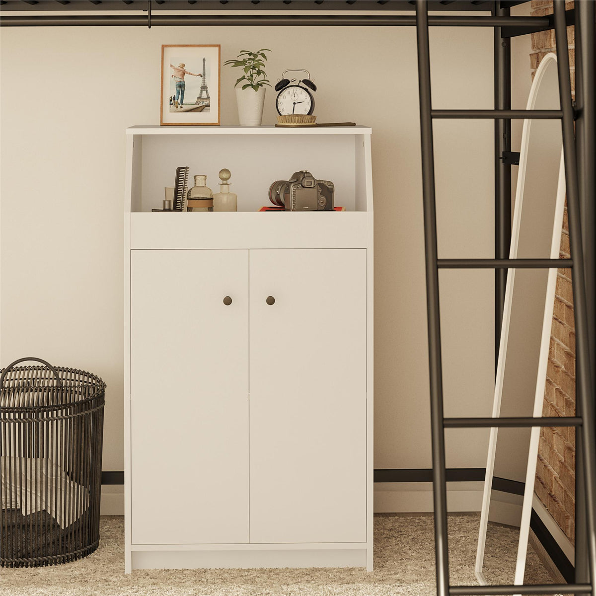 2-Door Storage Tower with Shelves – White — room view