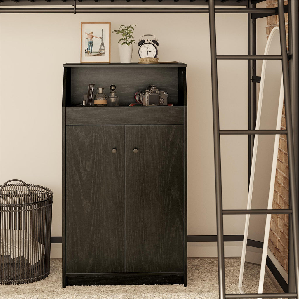 2-Door Storage Tower with Shelves – Black — room view