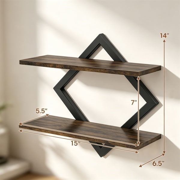 2-Tier Floating Wall Shelves Set of 2, Diamond Frame – Black/Brown — dimensions