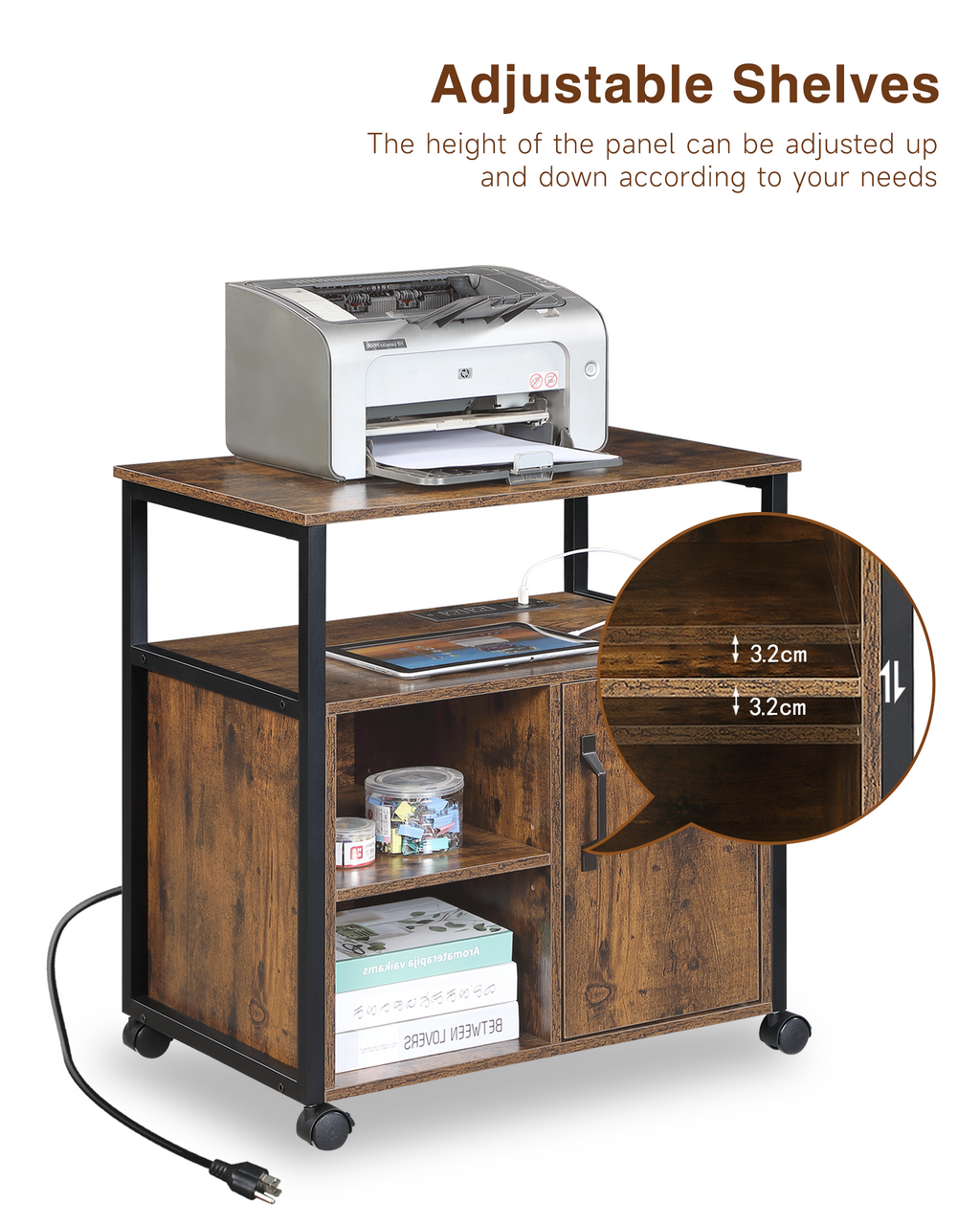 File Cabinet with USB Charging Ports, Printer Stand – Rustic Brown — features