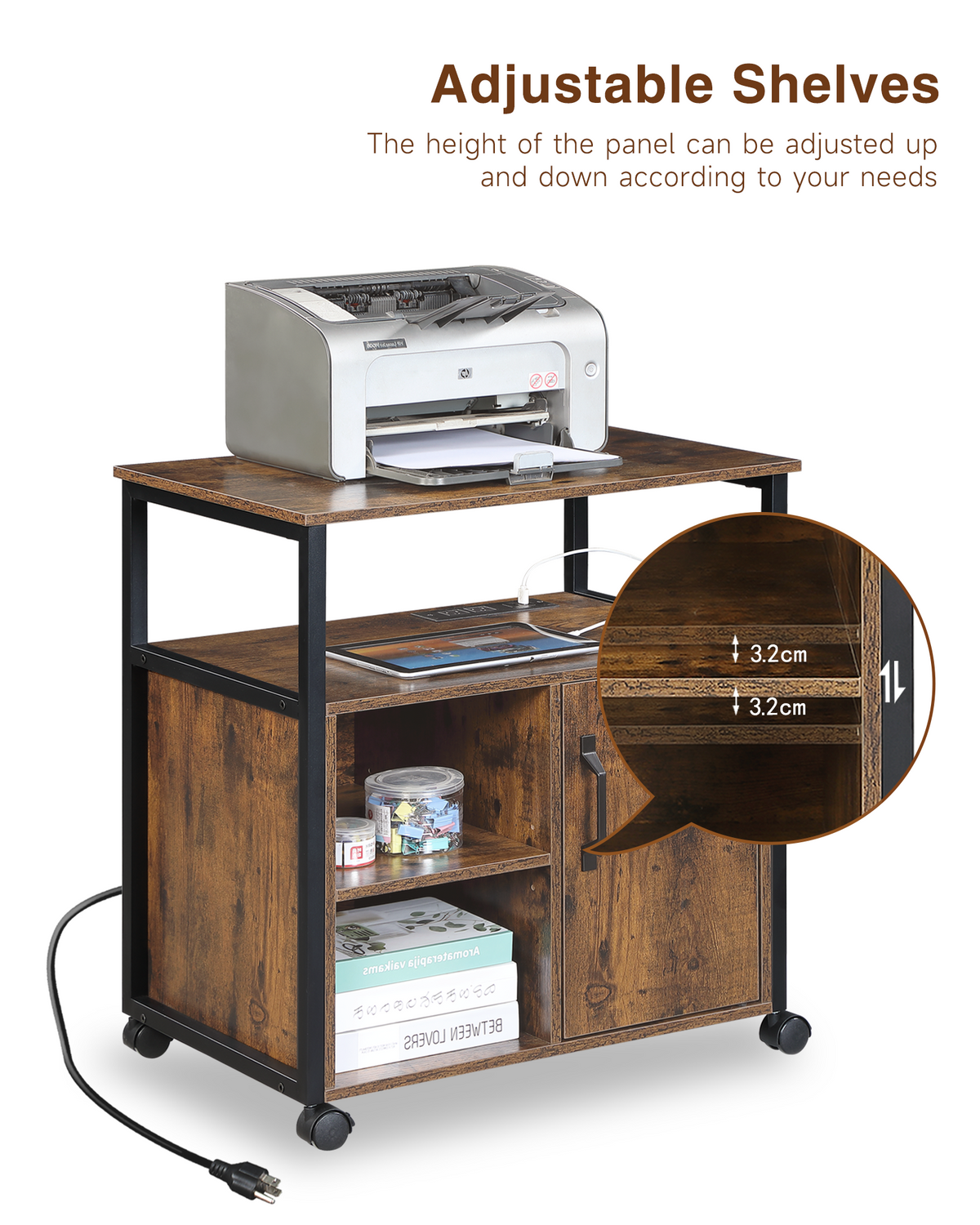 File Cabinet with USB Charging Ports, Printer Stand – Rustic Brown — features