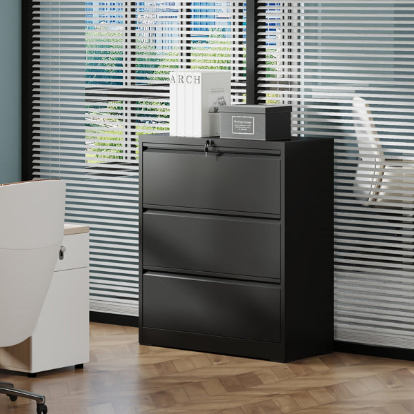 3-Drawer Lateral File Cabinet with Lock, Metal – Black — product photo