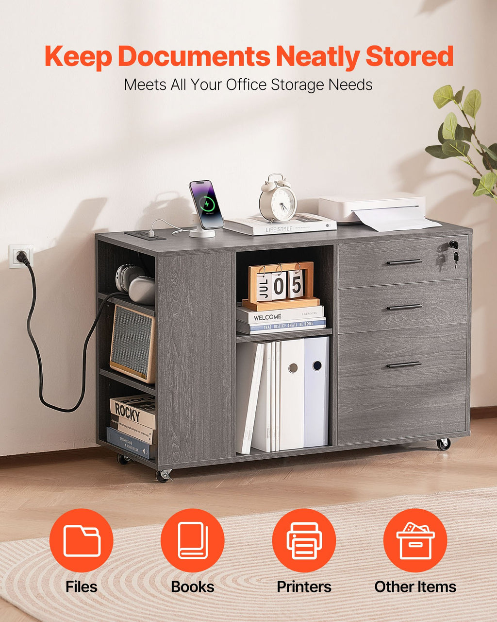 3-Drawer Mobile Wood File Cabinet with Power Strip – Gray — features