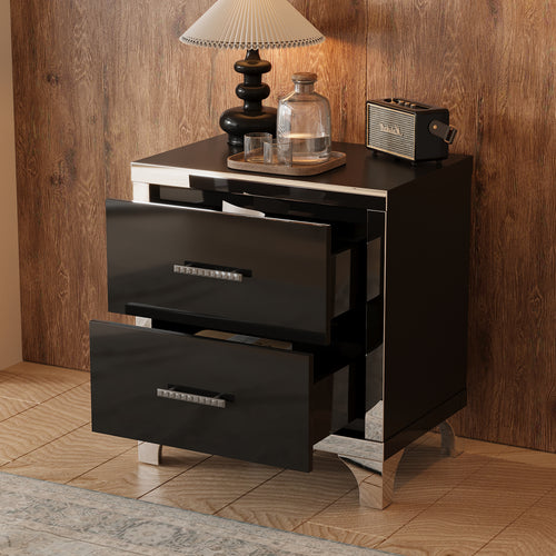 2-Drawer Mirrored Nightstand, High-Gloss – Black — product photo