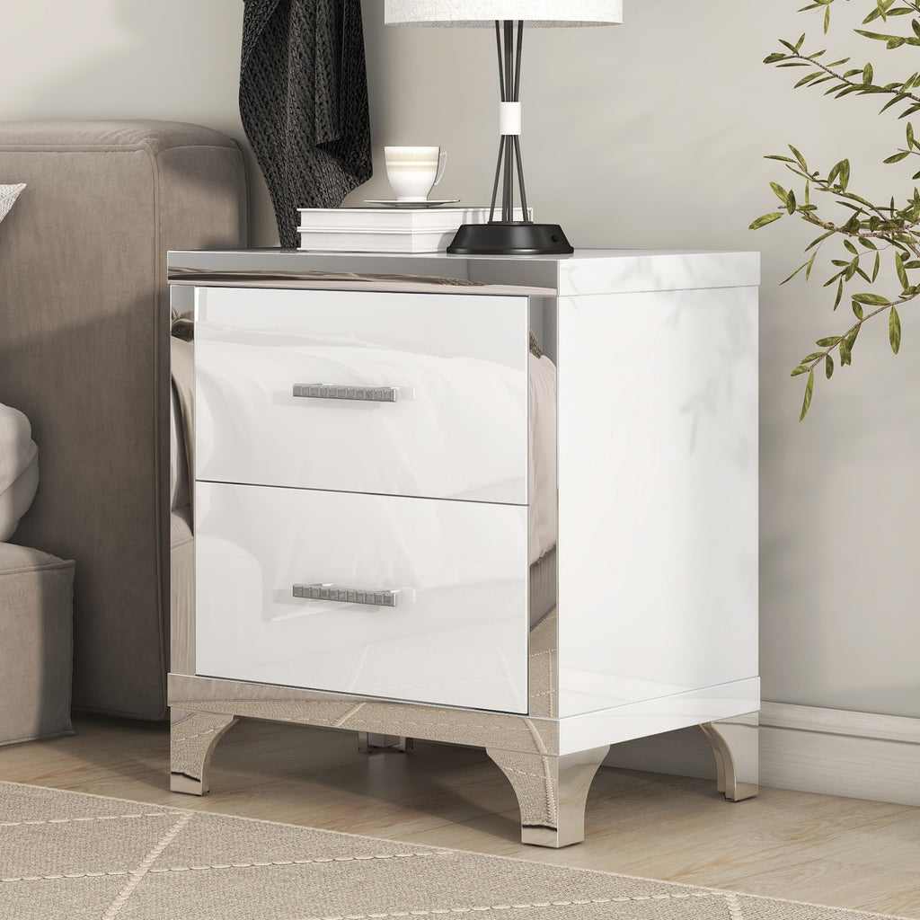 2-Drawer Mirrored Nightstand, High-Gloss – White — room view