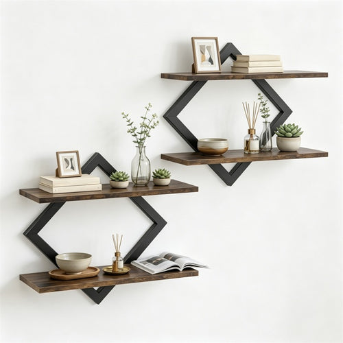 2-Tier Floating Wall Shelves Set of 2, Diamond Frame – Black/Brown — room view