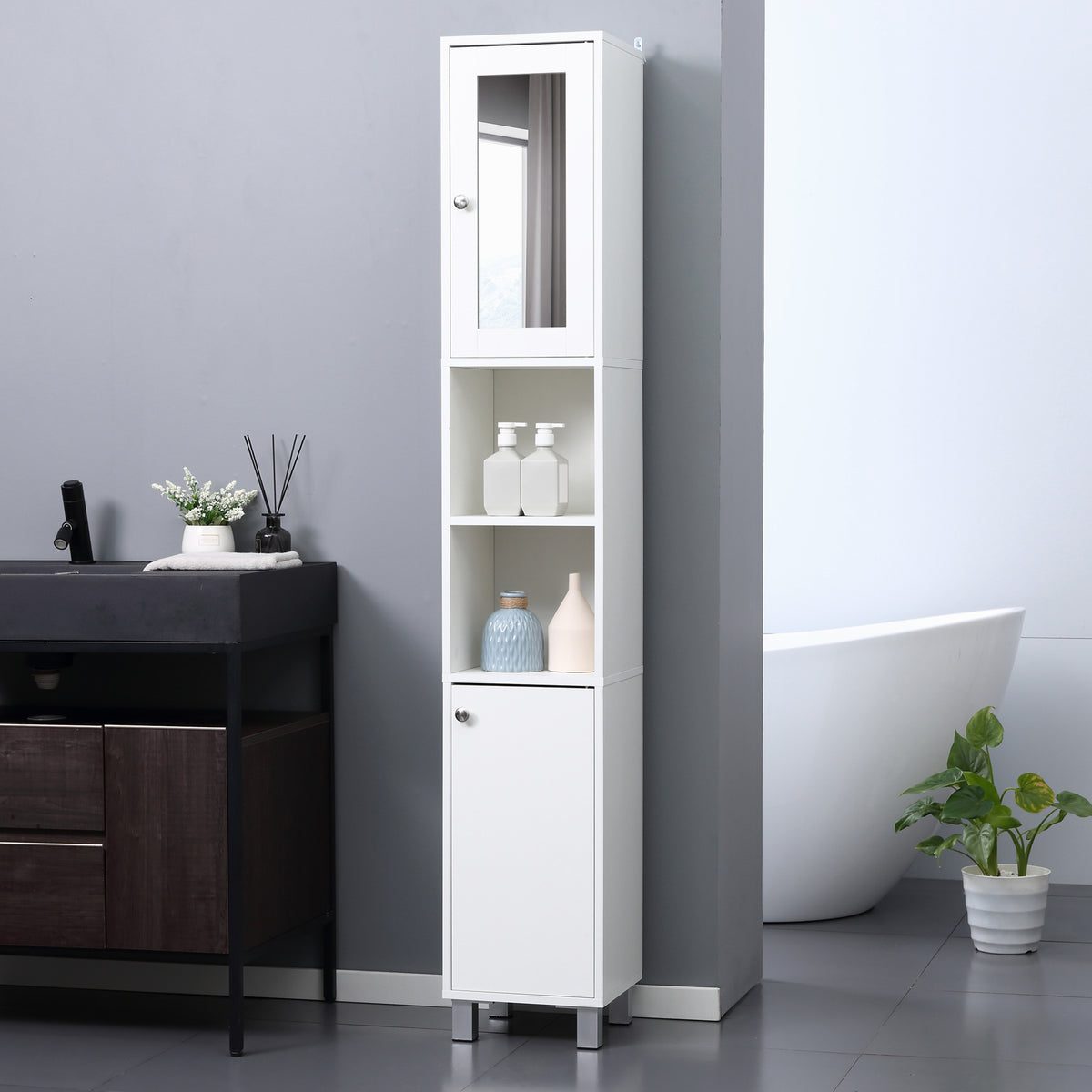Tall Bathroom Storage Cabinet with Mirror – White — product photo angled