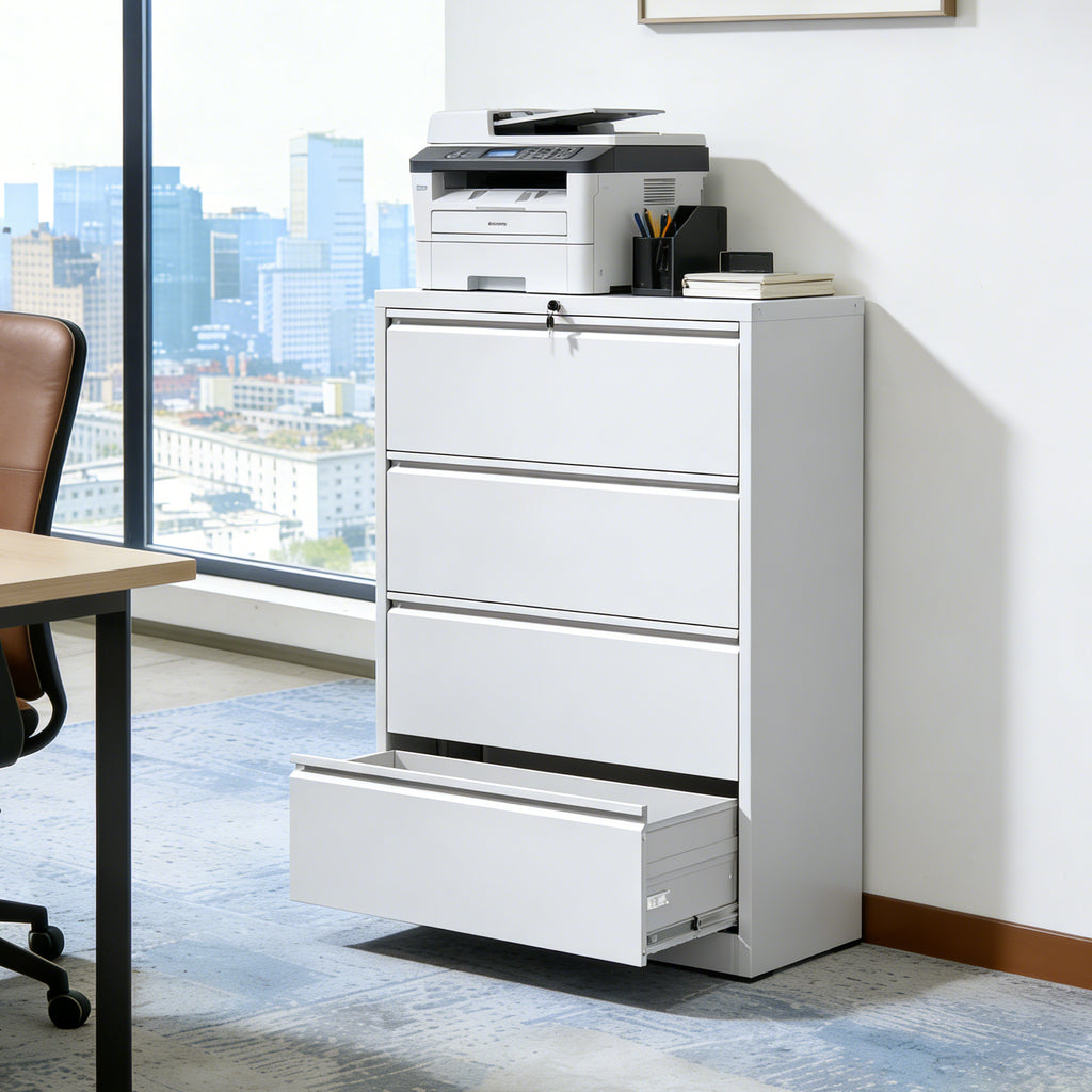 4-Drawer Lateral File Cabinet with Lock – White — room view angled
