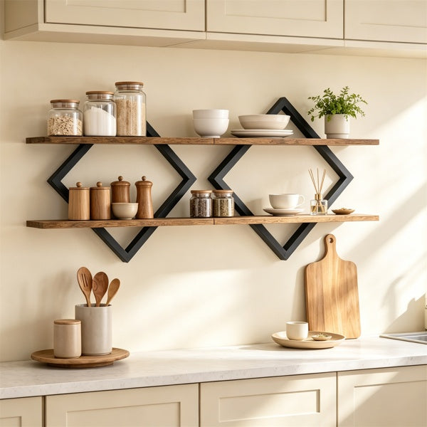 2-Tier Floating Wall Shelves Set of 2, Diamond Frame – Black/Brown — room view angled