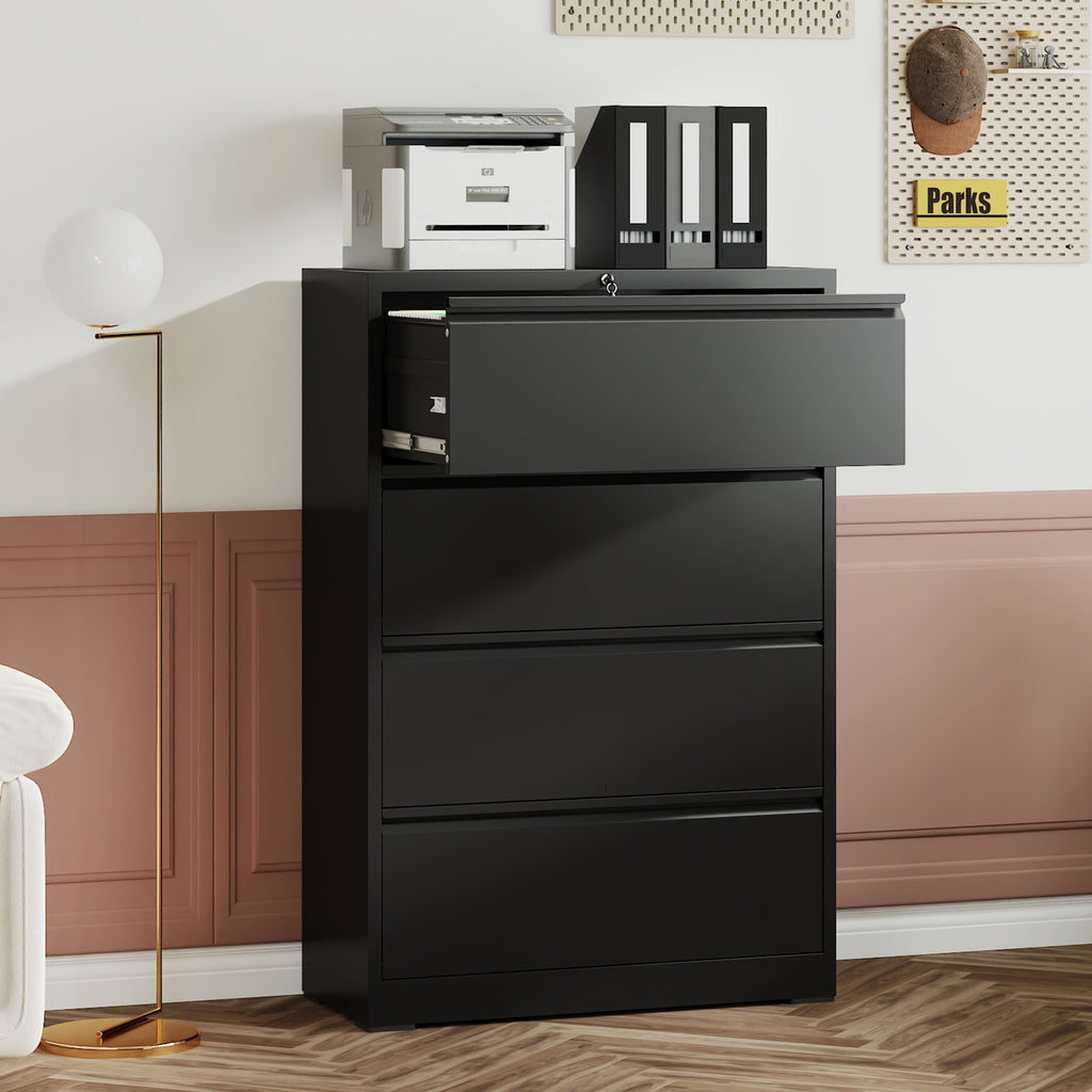 4-Drawer Lateral File Cabinet with Lock – Black — room view angled