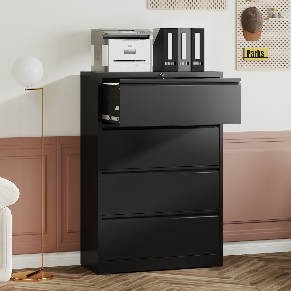 4-Drawer Lateral File Cabinet with Lock – Black — room view angled