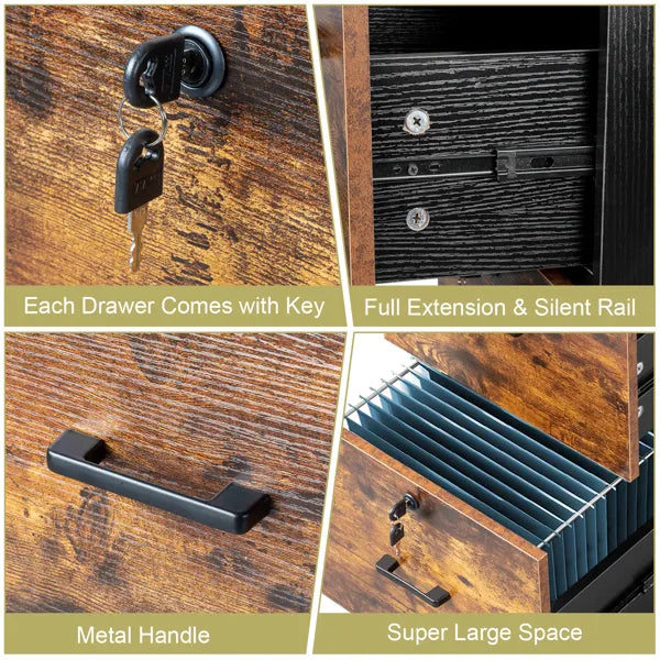 2-Drawer Rolling File Cabinet with Lock – Brown/Black — features