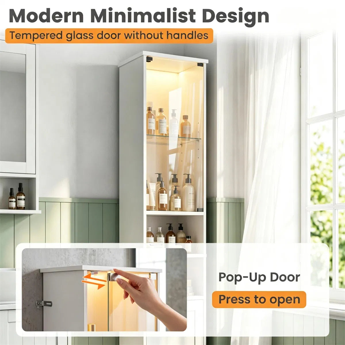 Narrow Bathroom Storage Cabinet with LED Light – White — features