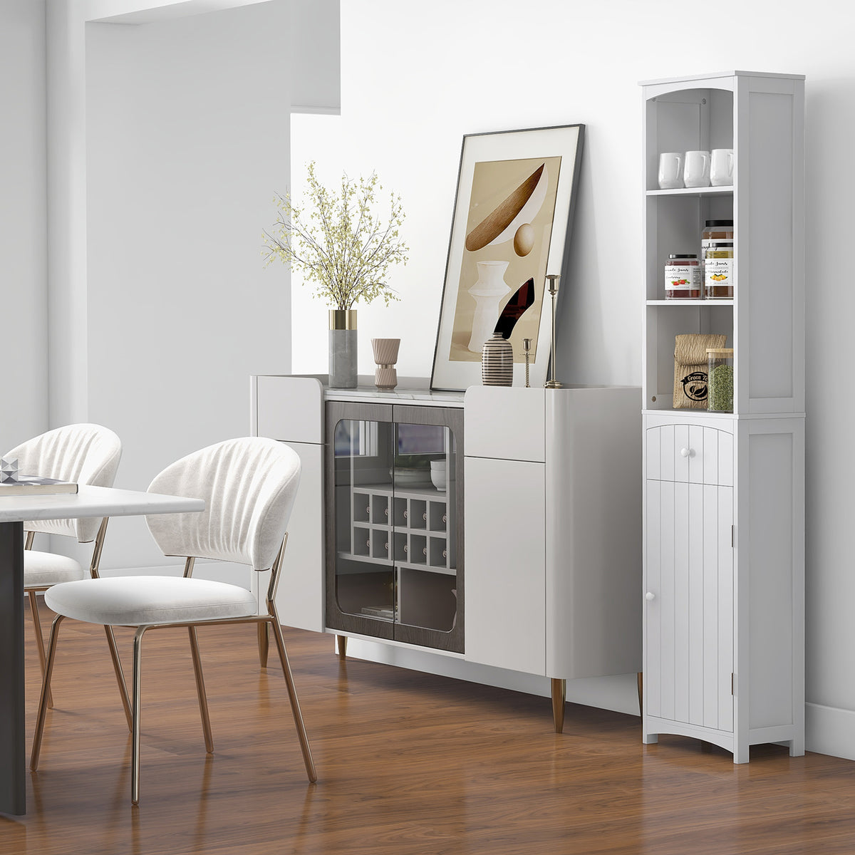 Tall Linen Tower Cabinet with Drawer – White — room view angled