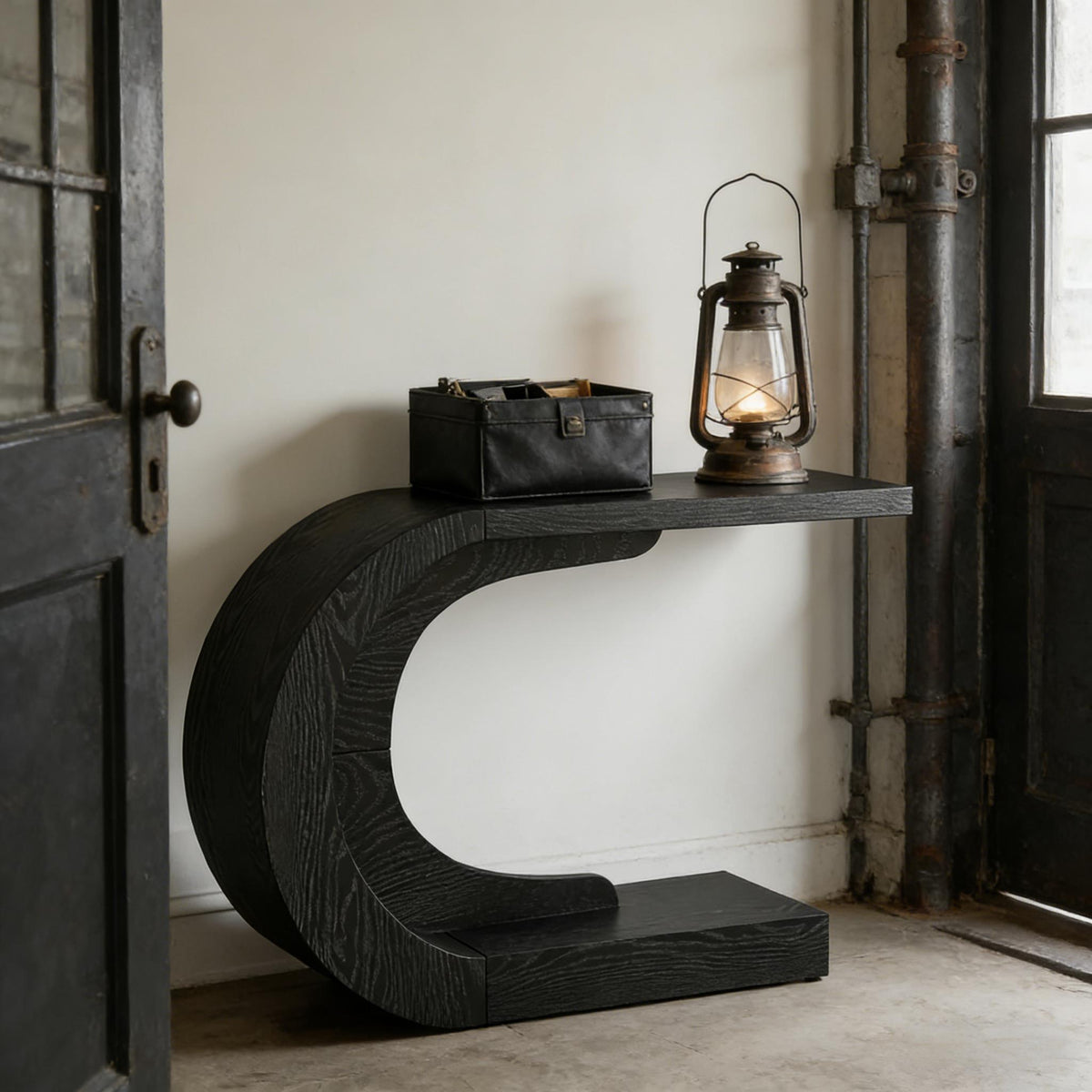 C-Shaped Console Accent Table, Hallway – Black — room view angled