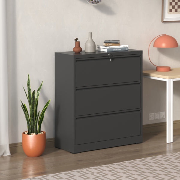3-Drawer Lateral File Cabinet with Lock, Metal – Black — room view angled