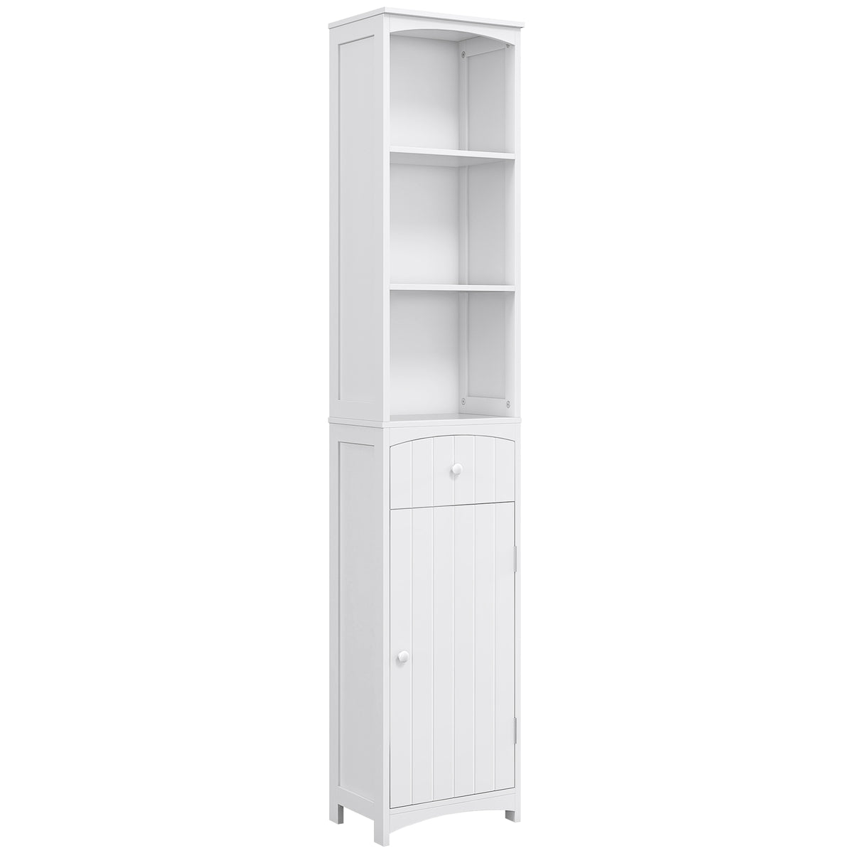 Tall Linen Tower Cabinet with Drawer – White — product photo angled