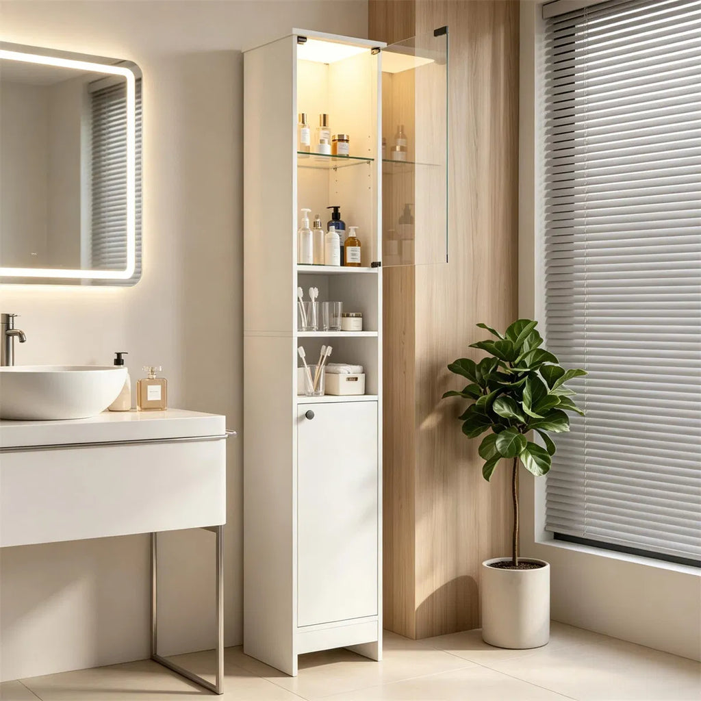 Narrow Bathroom Storage Cabinet with LED Light – White — room view angled