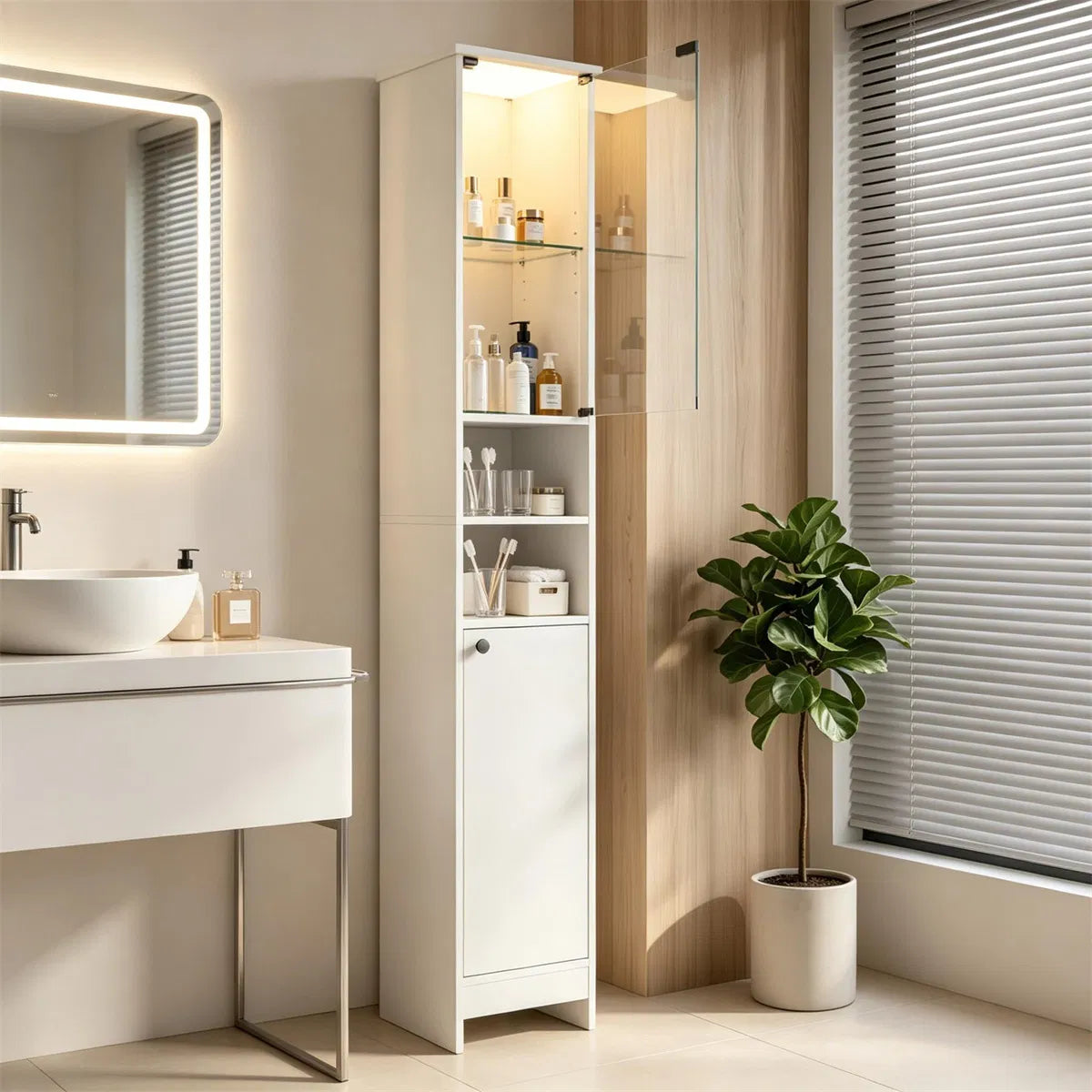 Narrow Bathroom Storage Cabinet with LED Light – White — room view angled