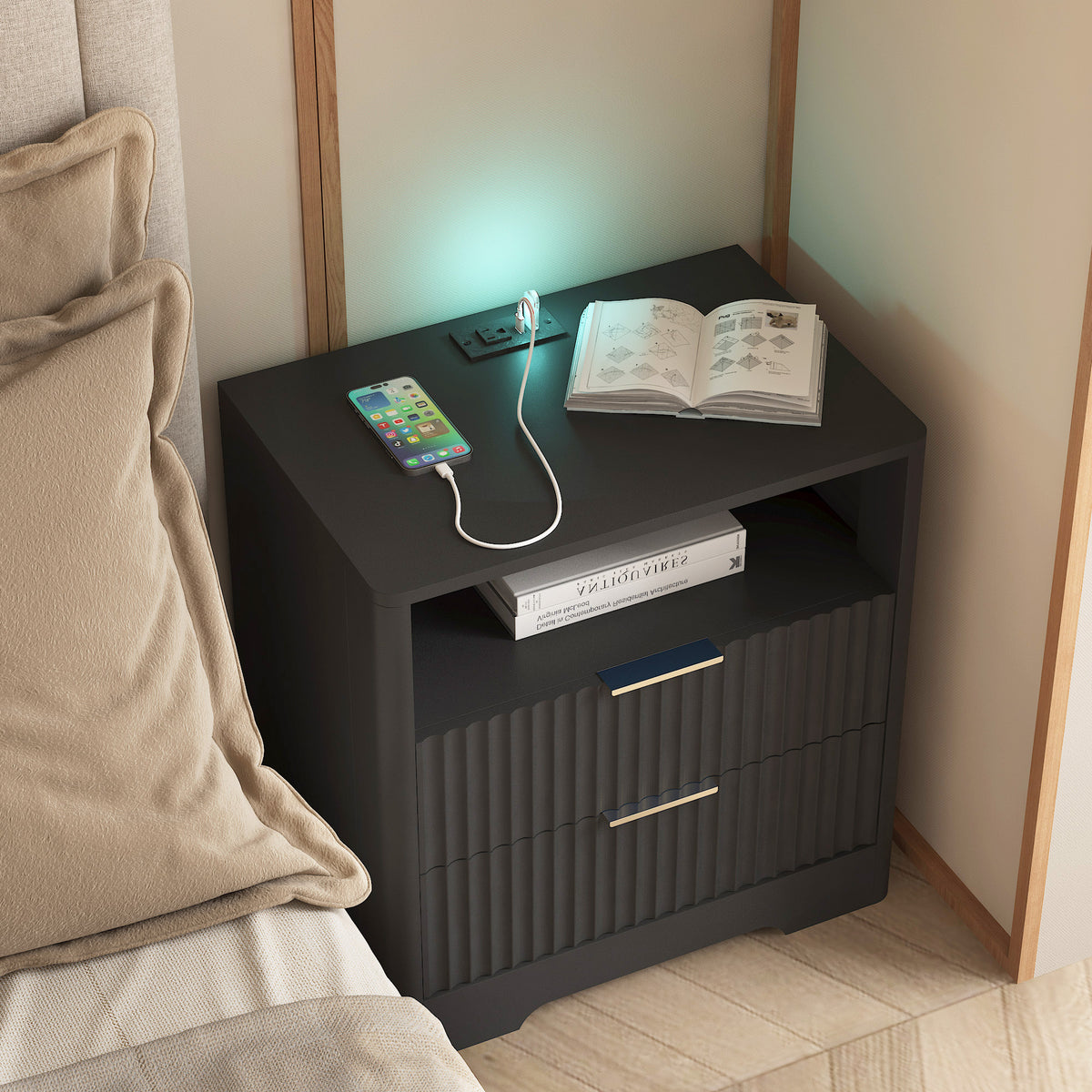 Nightstand with Charging Station & Night Light – Black — product photo