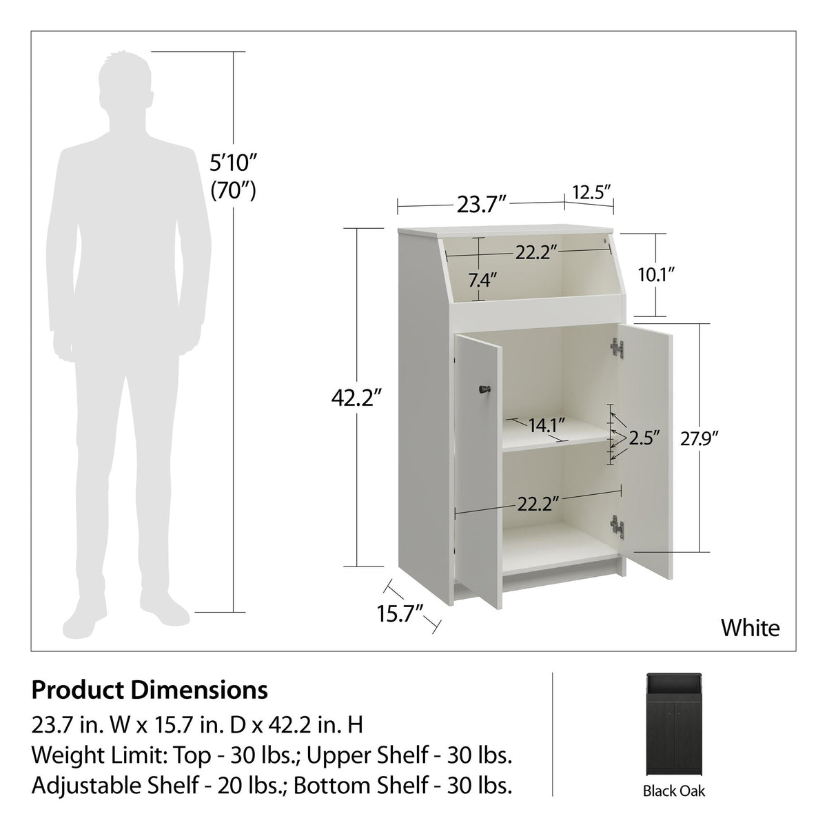 2-Door Storage Tower with Shelves – Black — dimensions