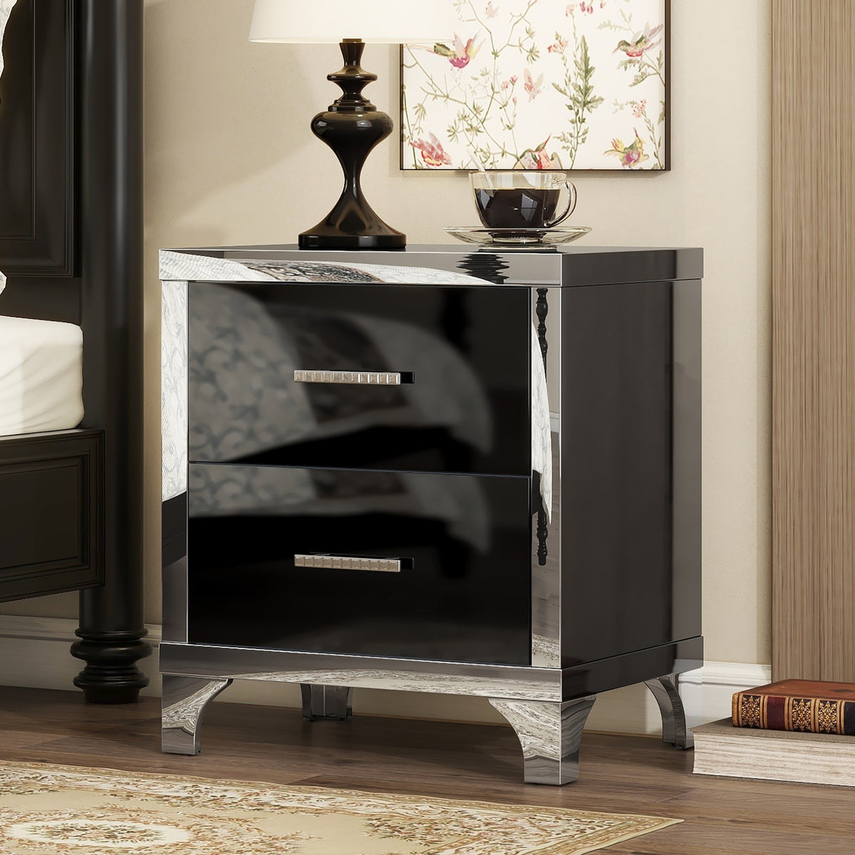 2-Drawer Mirrored Nightstand, High-Gloss – Black — room view
