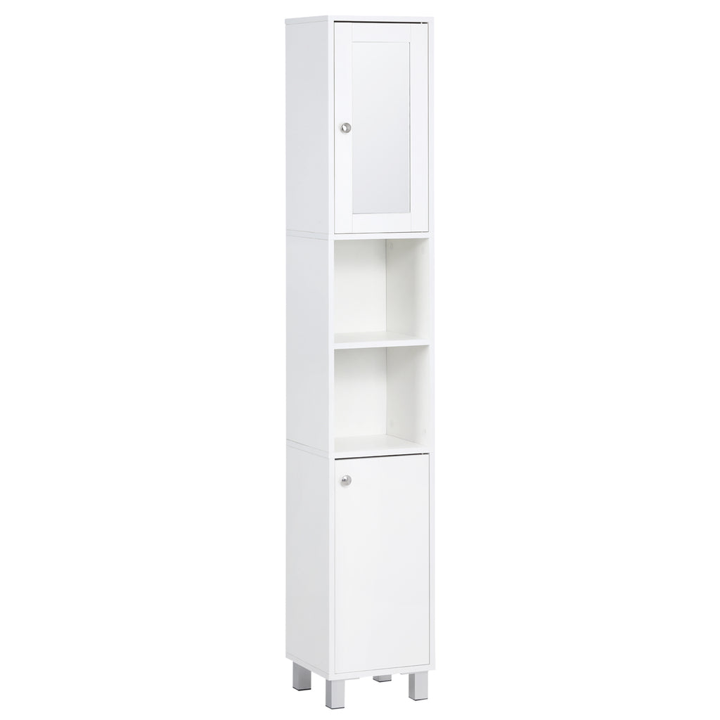 Tall Bathroom Storage Cabinet with Mirror – White — product photo angled