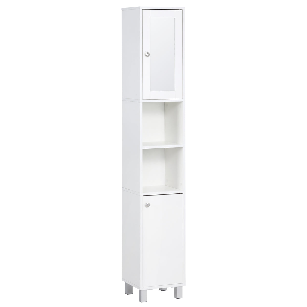 Tall Bathroom Storage Cabinet with Mirror – White — product photo angled