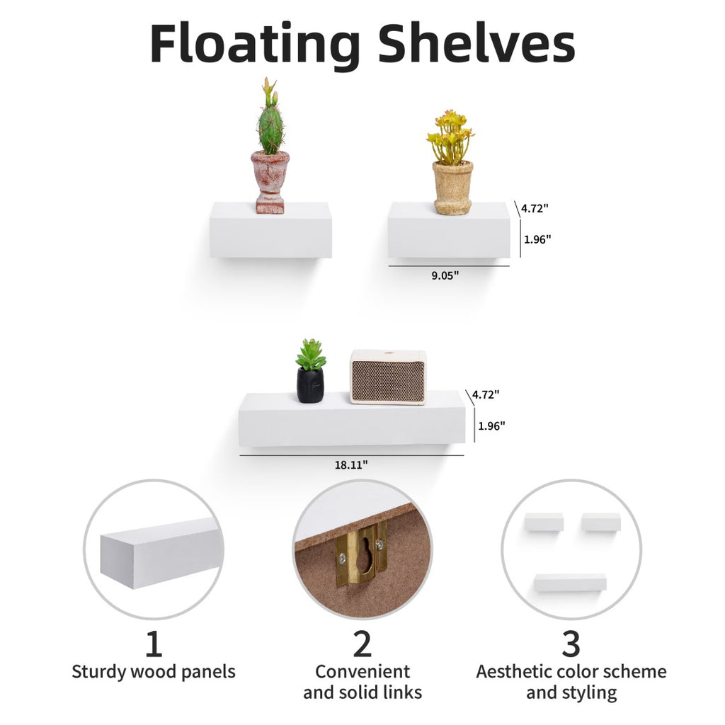 18" Floating Wall Shelf, Wood – White — features
