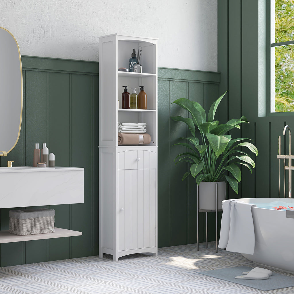Tall Linen Tower Cabinet with Drawer – White — room view angled