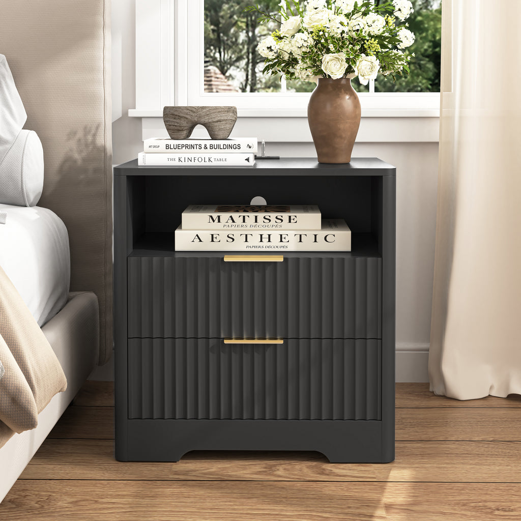 Nightstand with Charging Station & Night Light – Black — room view