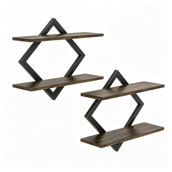 2-Tier Floating Wall Shelves Set of 2, Diamond Frame – Black/Brown — room view angled