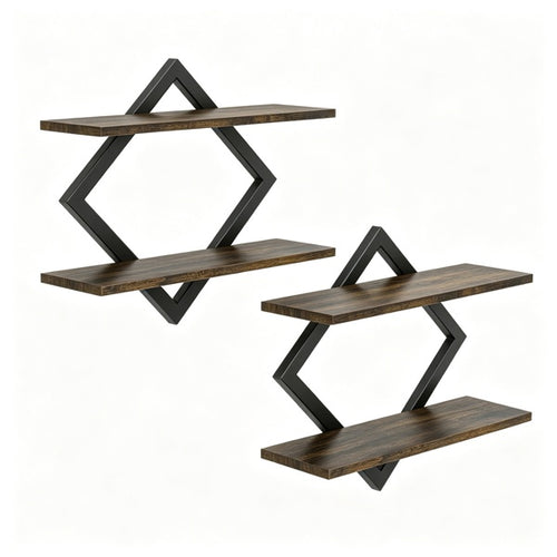 2-Tier Floating Wall Shelves Set of 2, Diamond Frame – Black/Brown — room view angled