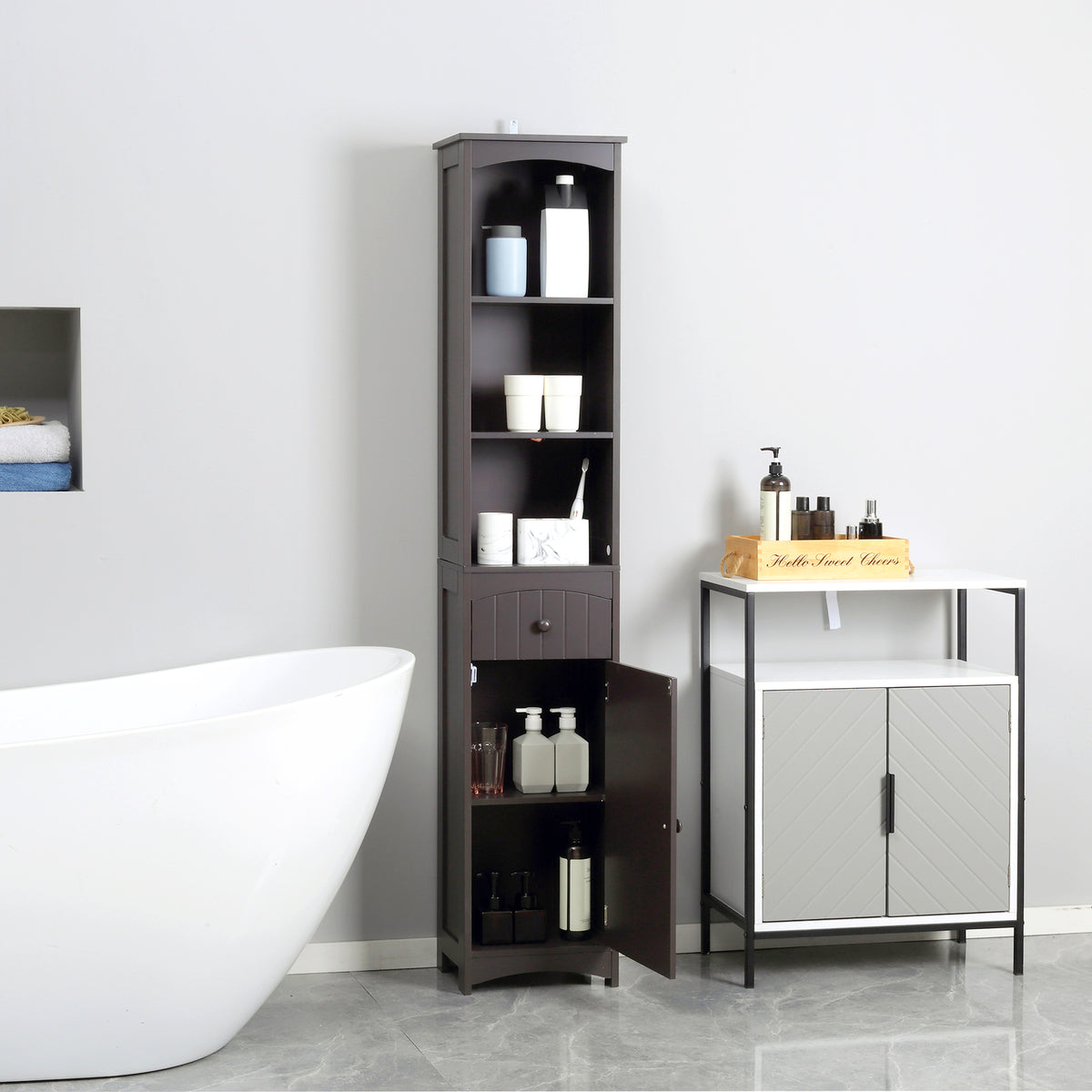 Narrow Bathroom Linen Tower with Cabinet – Brown — room view