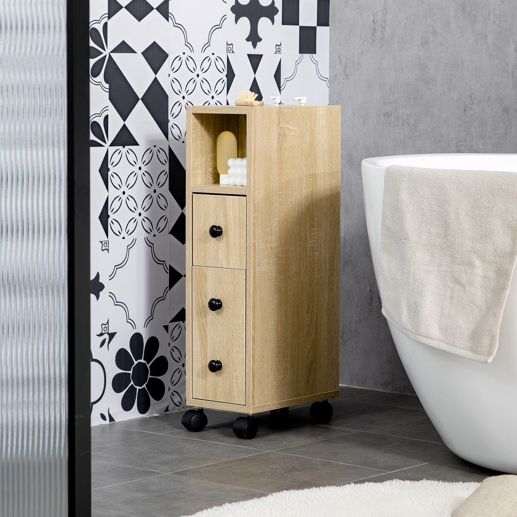 Compact Rolling Storage Cabinet with Drawer – Oak — room view