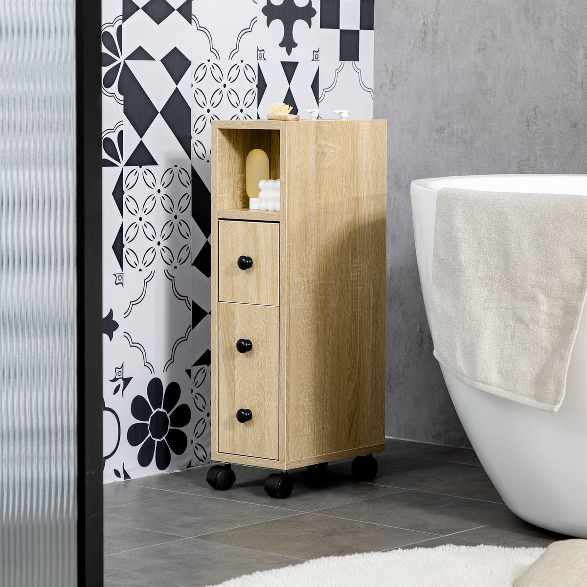 Compact Rolling Storage Cabinet with Drawer – Oak — room view