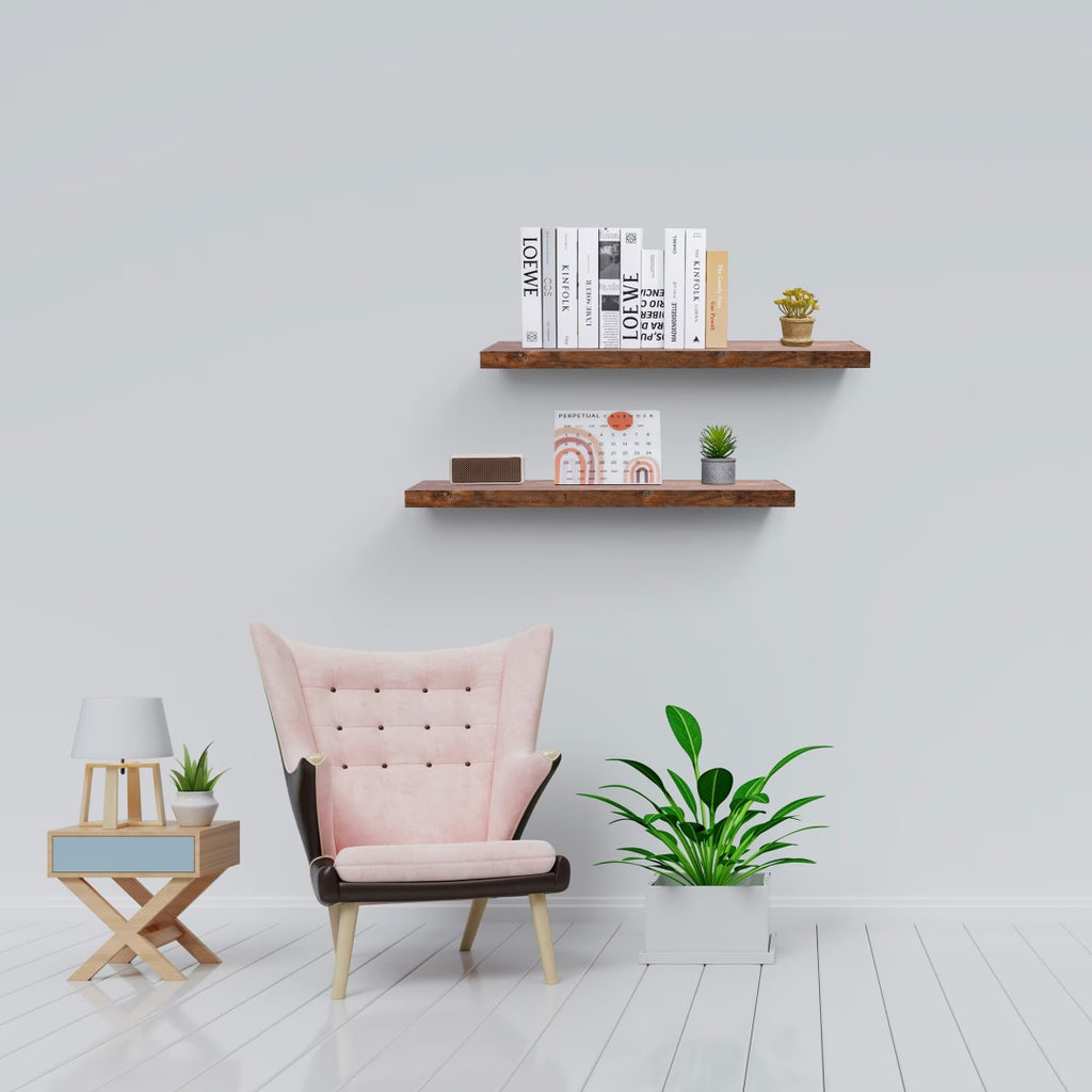 31" Long Floating Wall Shelf, Wood – Brown — room view angled