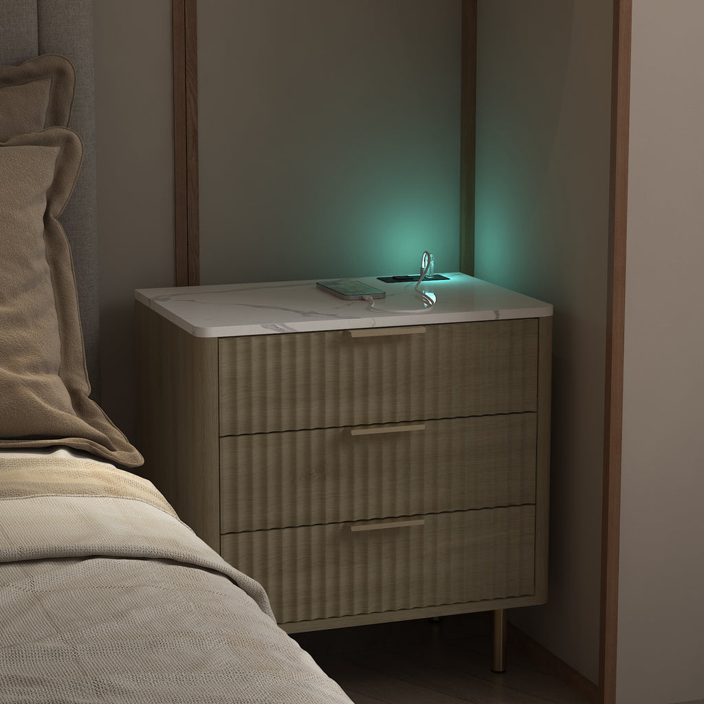 Nightstand with Charging Station & Night Light – Wood — room view wide