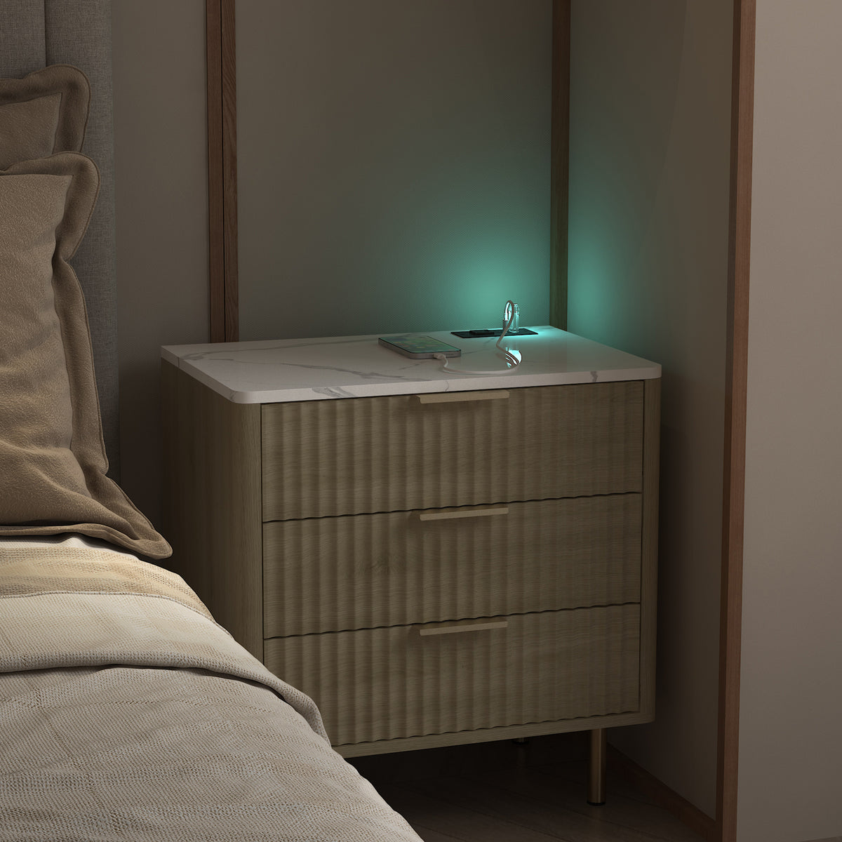 Nightstand with Charging Station & Night Light – Wood — room view wide