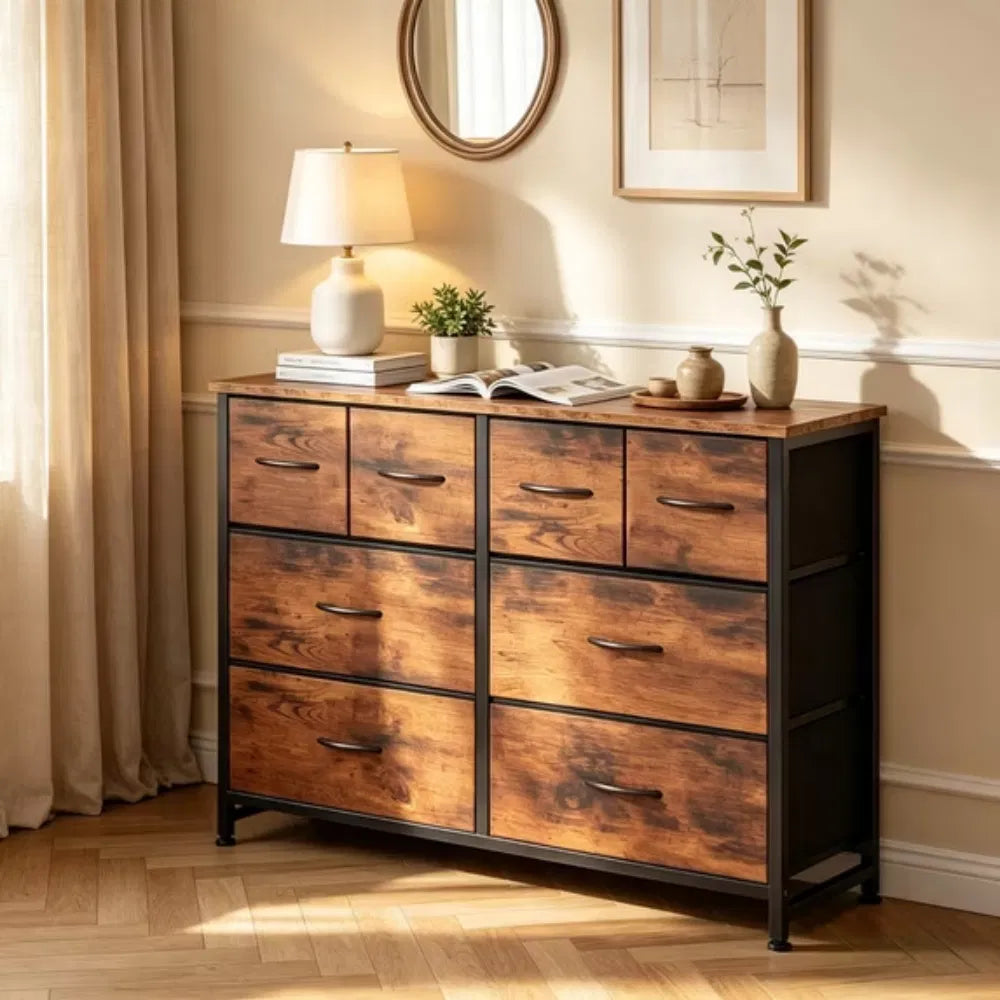 8-Drawer Fabric Dresser with Wood Top, Wide – Rust Brown — room view