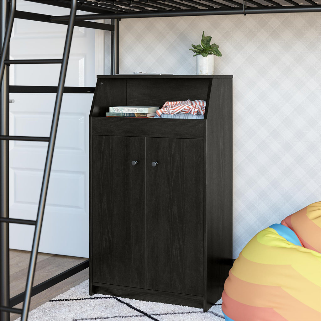2-Door Storage Tower with Shelves – Black — room view angled