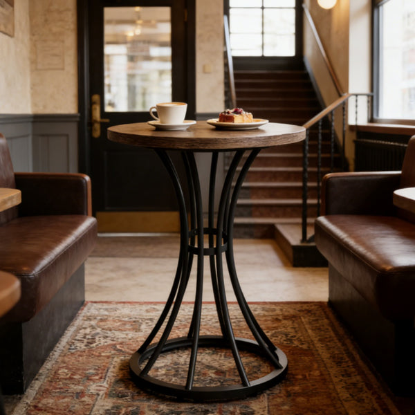 Round Bar Table for 2, Metal Frame – Brown — room view angled