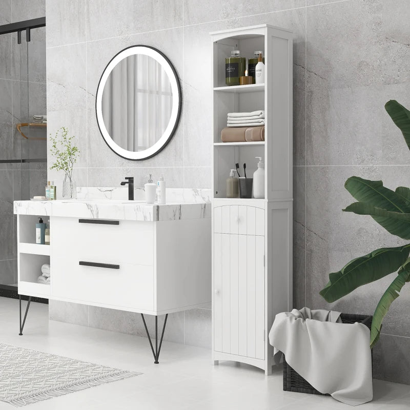 Tall Linen Tower Cabinet with Drawer – White — room view angled