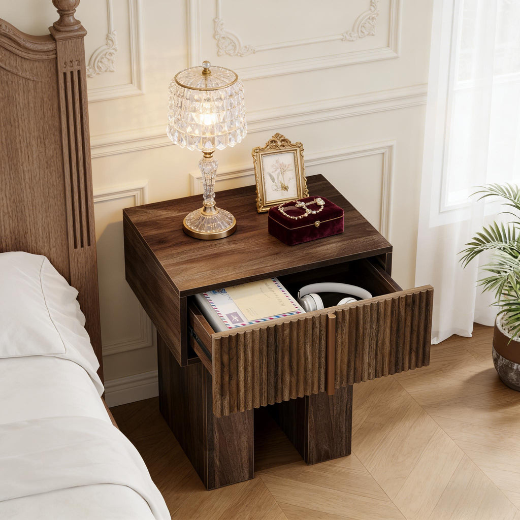 Storage Nightstand, Bedside Table – Rustic Brown — room view angled
