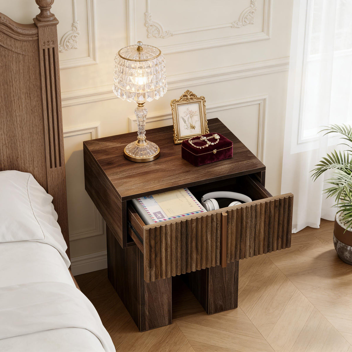 Storage Nightstand, Bedside Table – Rustic Brown — room view angled