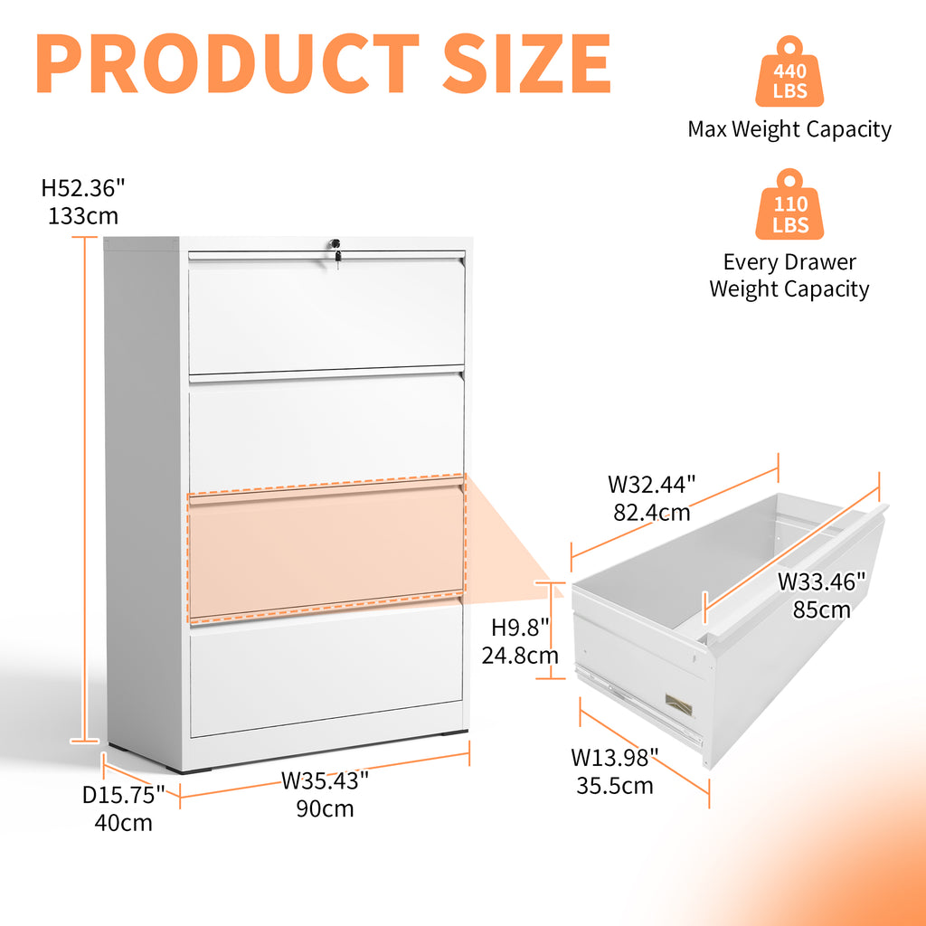 4-Drawer Lateral File Cabinet with Lock – White — dimensions